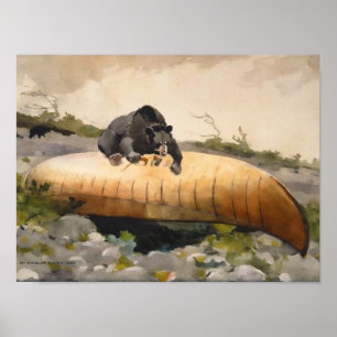 Poster Arte Retro da Natureza Urso com uma Canoa
