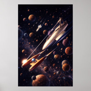 Poster Arte Retro de Batalha Espacial de Ficção Científic