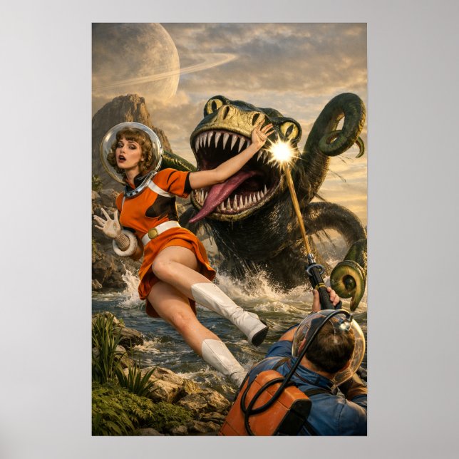 Poster Arte Retro de Monstro Espacial de Ficção Científic (Frente)