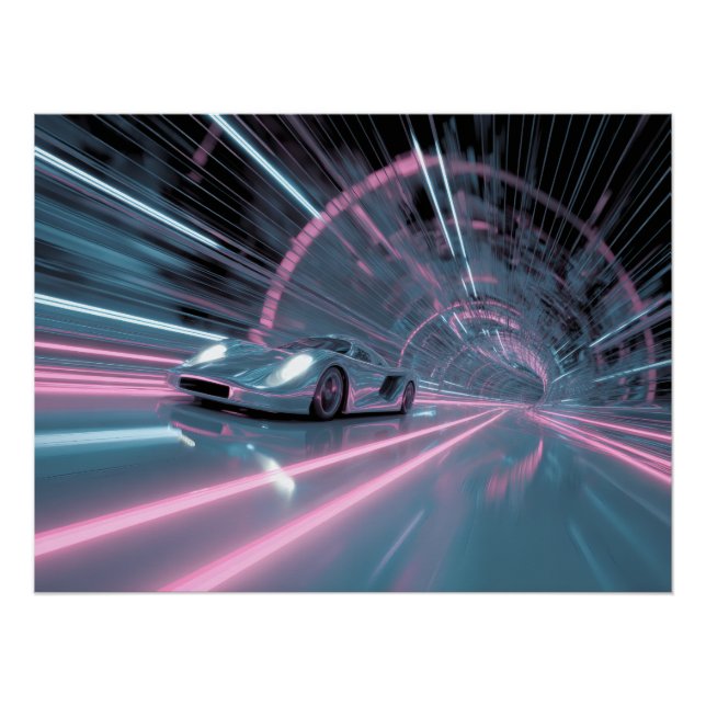 Pôster Arte Retro Neon de Carro em Túnel de Velocidade (Frente)