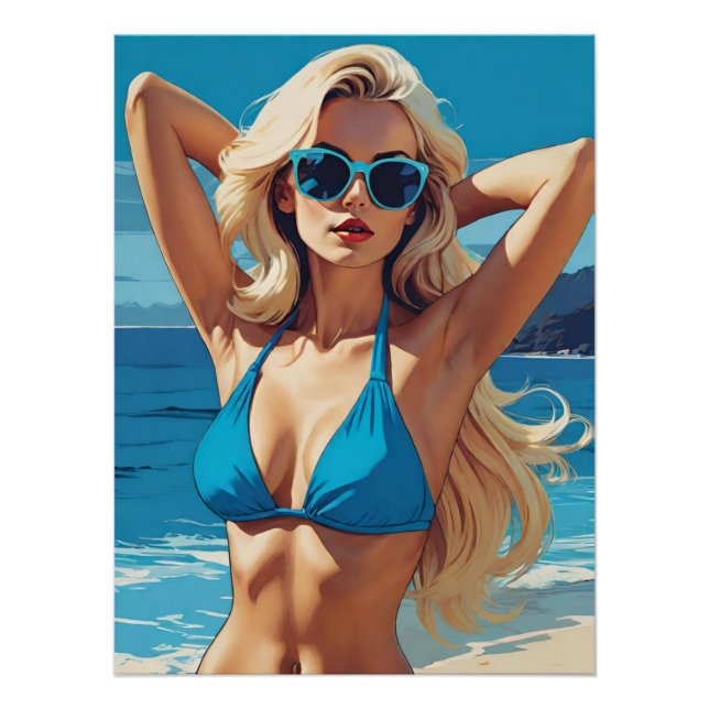 Pôster Arte retrô-Pop: Loira glamourosa em Blue Bikini (Frente)