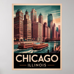 Poster Arte retrógrada na Riverwalk de Chicago - Vintage 