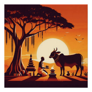 Pôster Arte Ritual Puja da Vaca Hindu Laranja Pôr do Sol