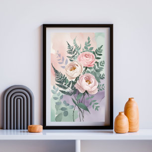 Poster Arte Romântica De Pônios E Fern Watercolor