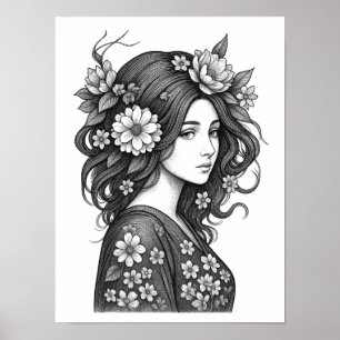 Poster Arte Romântica Floral Feminina em Linhas