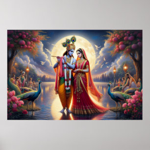 Poster Arte Romântica Vermelha Radha Krishna Amor Eterno