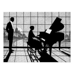 Pôster Arte Silhueta de Piano Estilo Art Déco Preto e B