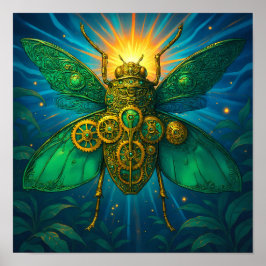 Poster Arte Steampunk de Luxo: Inseto Esmeralda Dourada