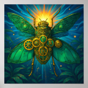 Poster Arte Steampunk de Luxo: Inseto Esmeralda Dourada