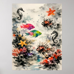 Poster Arte Surrealista de Vida Selvagem em Aquarela de R