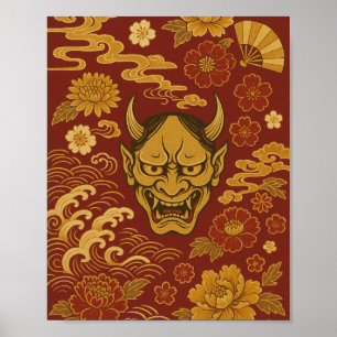 Poster "Arte tradicional de demônio japonês com ondas flo