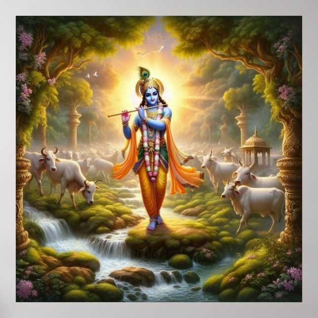 Poster Arte Tradicional Sagrada Krishna Gopinath Flauta (Frente)