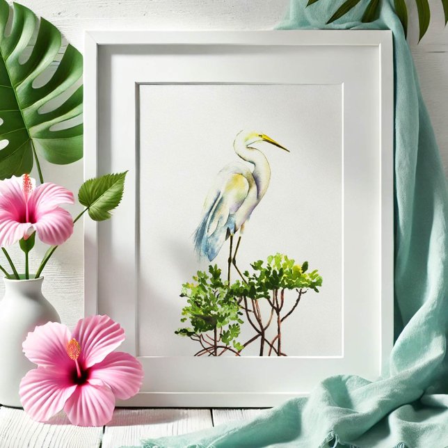 Poster Arte Tropical de Praia do Excelente White Heron (Watercolor art great white heron and mangroves by Victoria Grigaliunas. Order prints. )