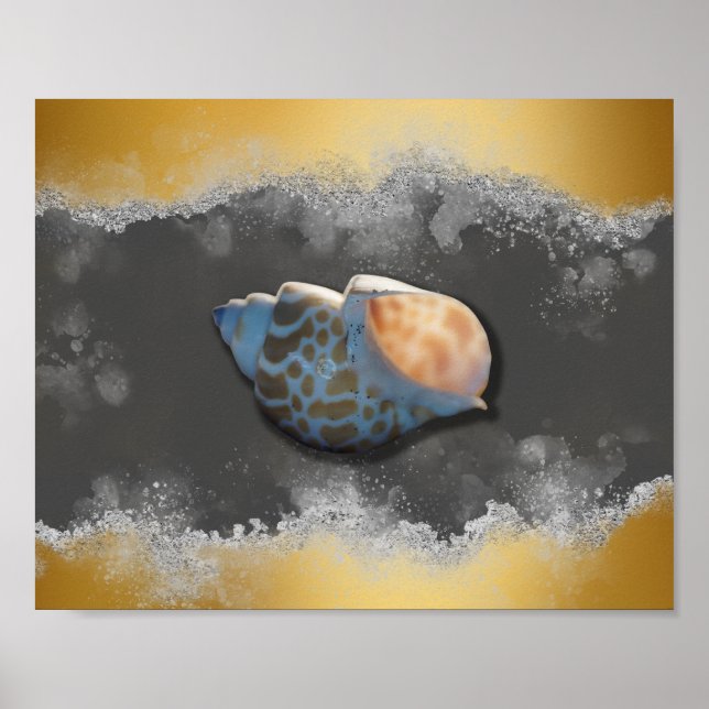 Poster Arte Tropical de Seashell Dourada e branca (Frente)