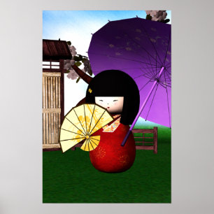 Pôster Arte vermelha da boneca de Kokeshi