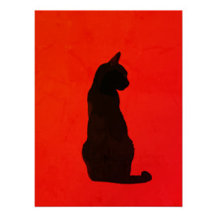 Pôster Arte Vermelha Moderna Silhueta de Gato Preto Minim