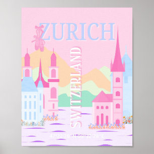 Poster Arte Viagem Zurique, Suiça, Pré-Disquete Rosa
