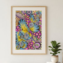 Arte Vibrante Colorido Boho Floral Pena Desenho