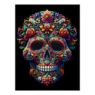 Pôster Arte vibrante de crânio de açúcar floral