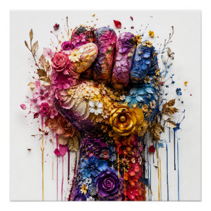 Pôster Arte Vibrante de Punho Floral: Força e Resistência