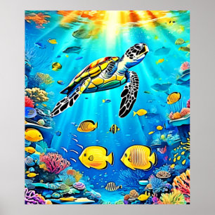 Poster Arte Vibrante de Recife de Tartaruga Marinha