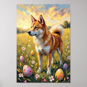 Poster Arte Vintage Akita Pôr do Sol de Páscoa