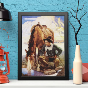 Pôster Arte Vintage, Cowboy Dando Água ao Seu Cavalo por 