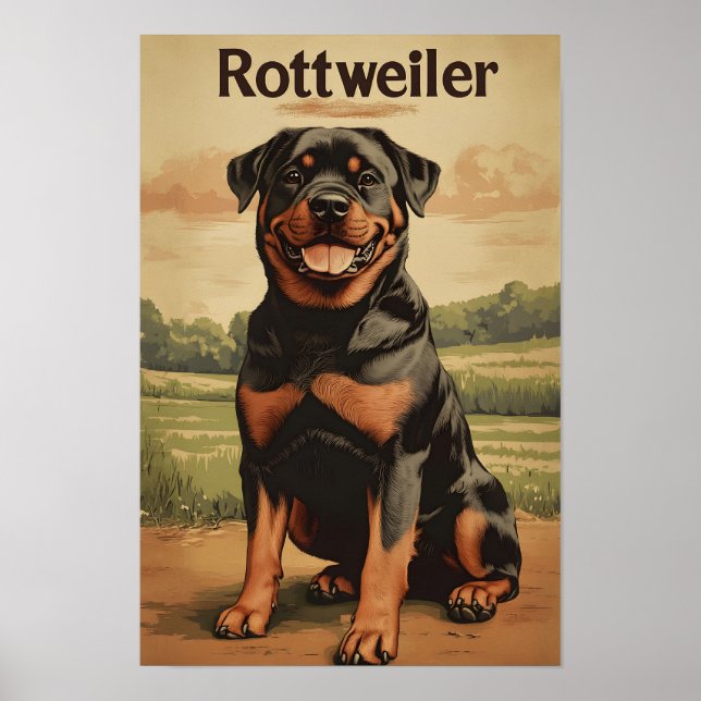 Poster Arte Vintage de Cachorro Rottweiler (Frente)