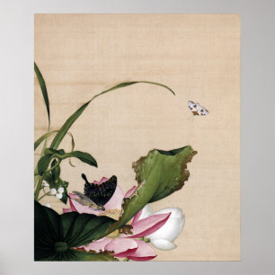 Poster Arte Vintage de Chinoiserie Lotus e Borboleta