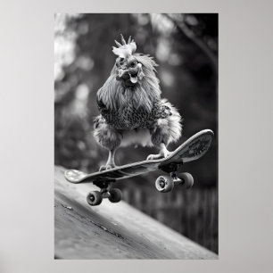 Poster Arte Vintage de Frango Engraçado de Skate em Preto