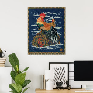 Poster Arte Vintage de Galo Galinha Dragão Japonês