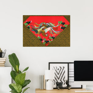 Poster Arte Vintage do Pássaro Fênix Vermelho Japonês G.A