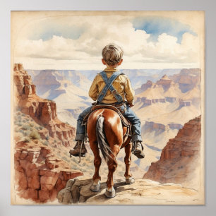 Poster Arte Western Vintage de Menino Loiro a Cavalo