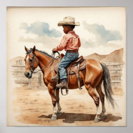Poster Arte Western Vintage Menino Afro-Americano a Caval