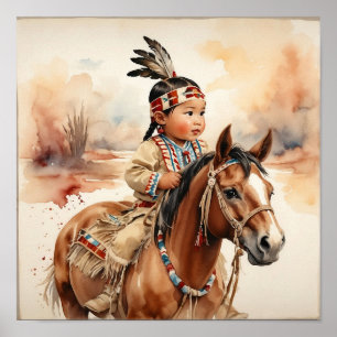 Poster Arte Western Vintage Nativo Americano Bebê a Caval