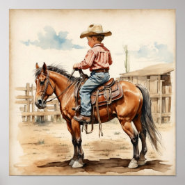 Poster Arte Western Vintage Rapaz Moreno a Cavalo