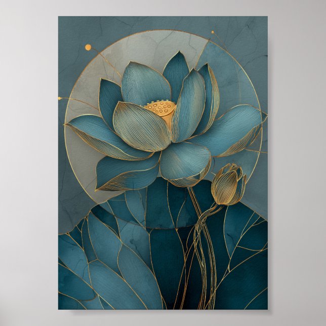 Poster Arte Zen Geométrica de Linha Flor de Lótus Dourada (Frente)