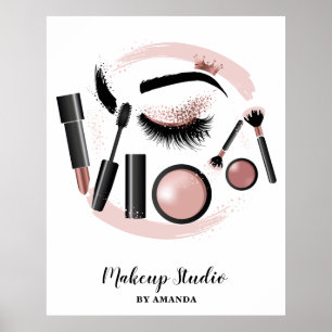 Poster Artista Makeup Lashes Mascara Lipstick Rosa Dourad
