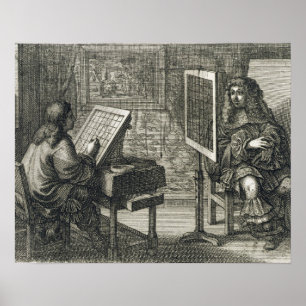 Pôster Artista pintando um retrato sobre uma grade para p