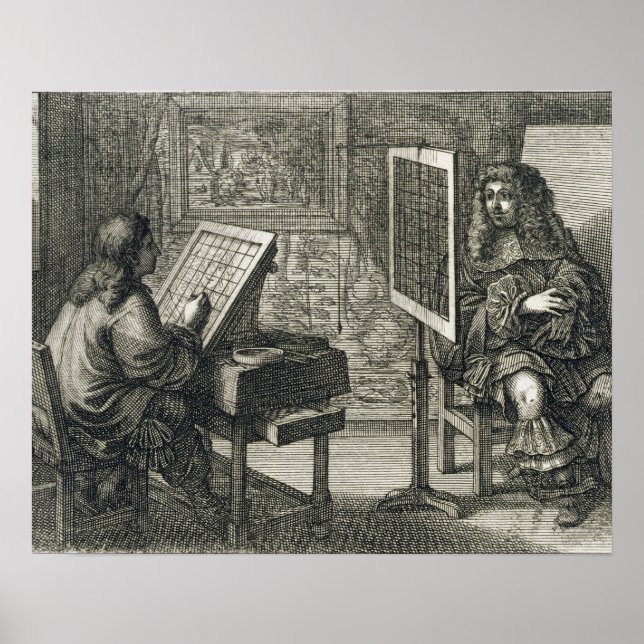 Pôster Artista pintando um retrato sobre uma grade para p (Frente)