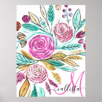 Artsy Elegant Pink Teal Floral Watercolor Monogram