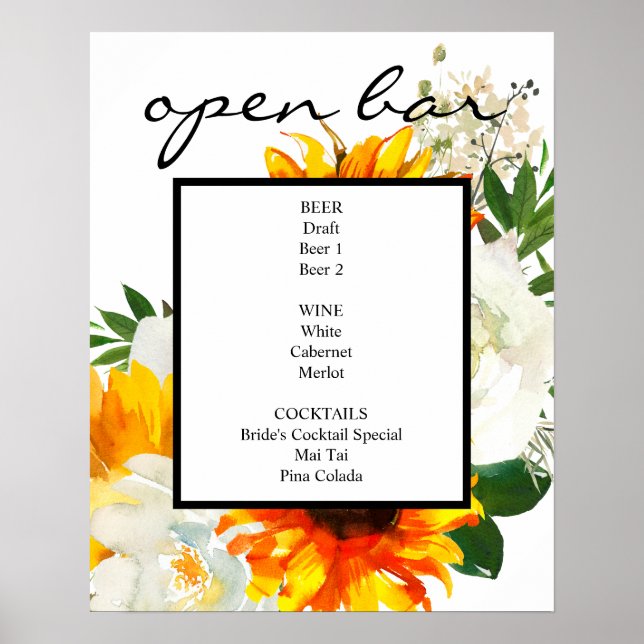 Poster Artsy Sunflower White Sinal de Bar Floral Branco (Frente)
