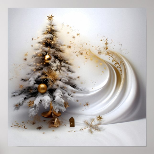 Poster Árvore abstrato de natal branco com sotaque dourad (Frente)