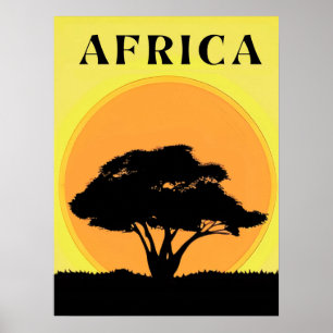 Poster Árvore Acacia Africana contra um pôr do sol laranj