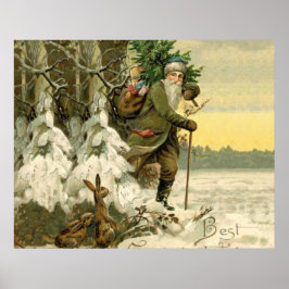 Poster Árvore Antiquada de Natal do Santa Claus Vintage