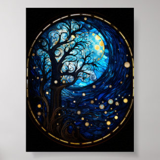 Poster Árvore ao Luar em Vidro Pintado Arte Celestial