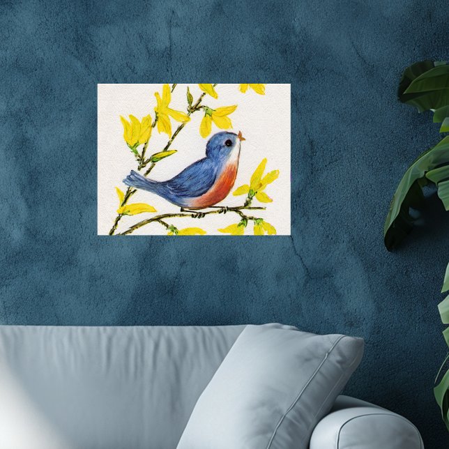 Poster Árvore azul de pássaro cante bonito (Pretty singing blue red bird in tree yellow flowers on faux textured white wall poster.)