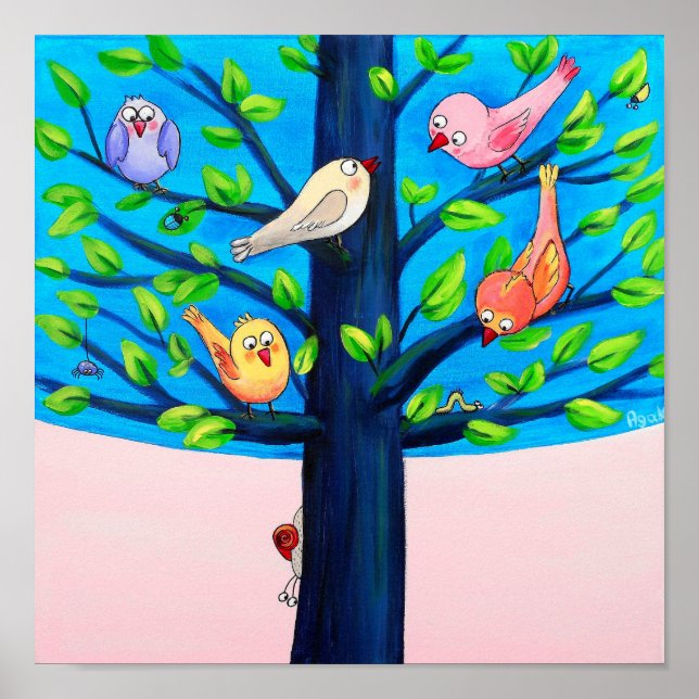Poster Árvore Birdy | Aves Alegres Em Uma Creche De Árvor (Frente)