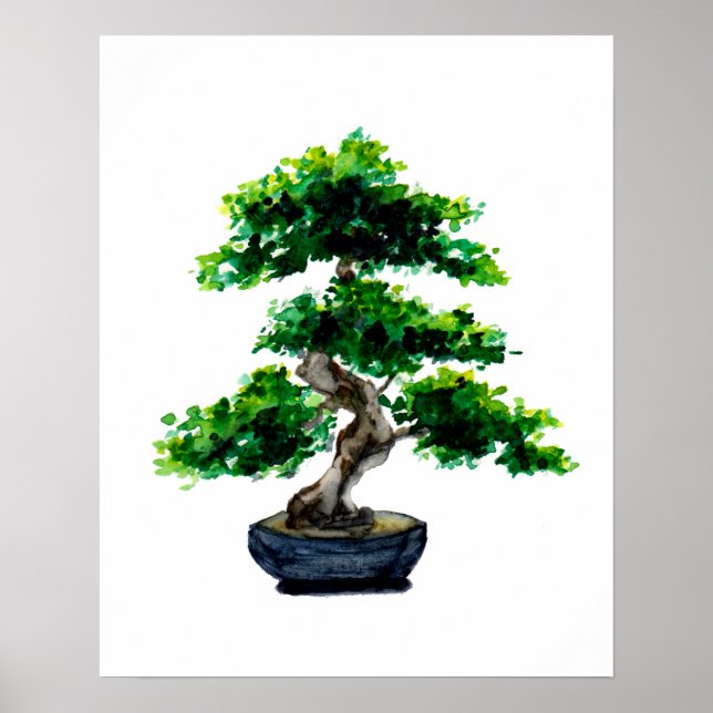 Poster Árvore Bonsai de Watercolor Japonês (Frente)