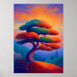 Poster Árvore Bonsai Zen Pontilhismo Arte Paisagem